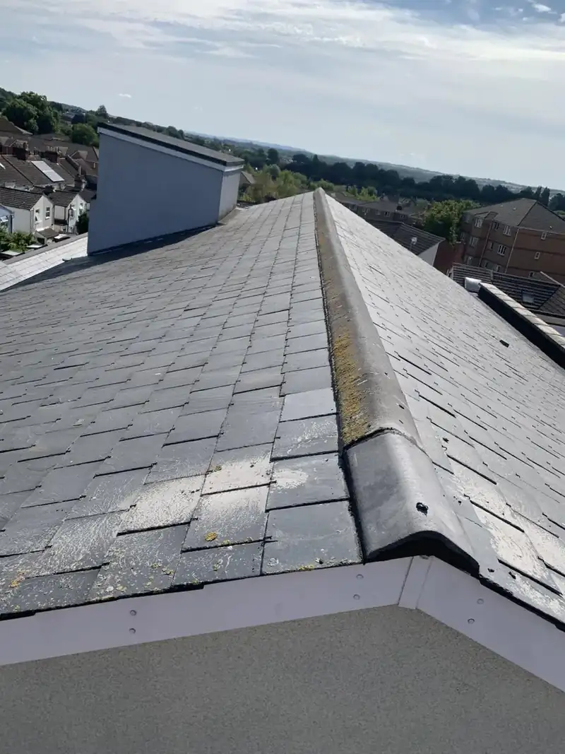 Slate roof with repointed ridge tiles viewed along the ridge line